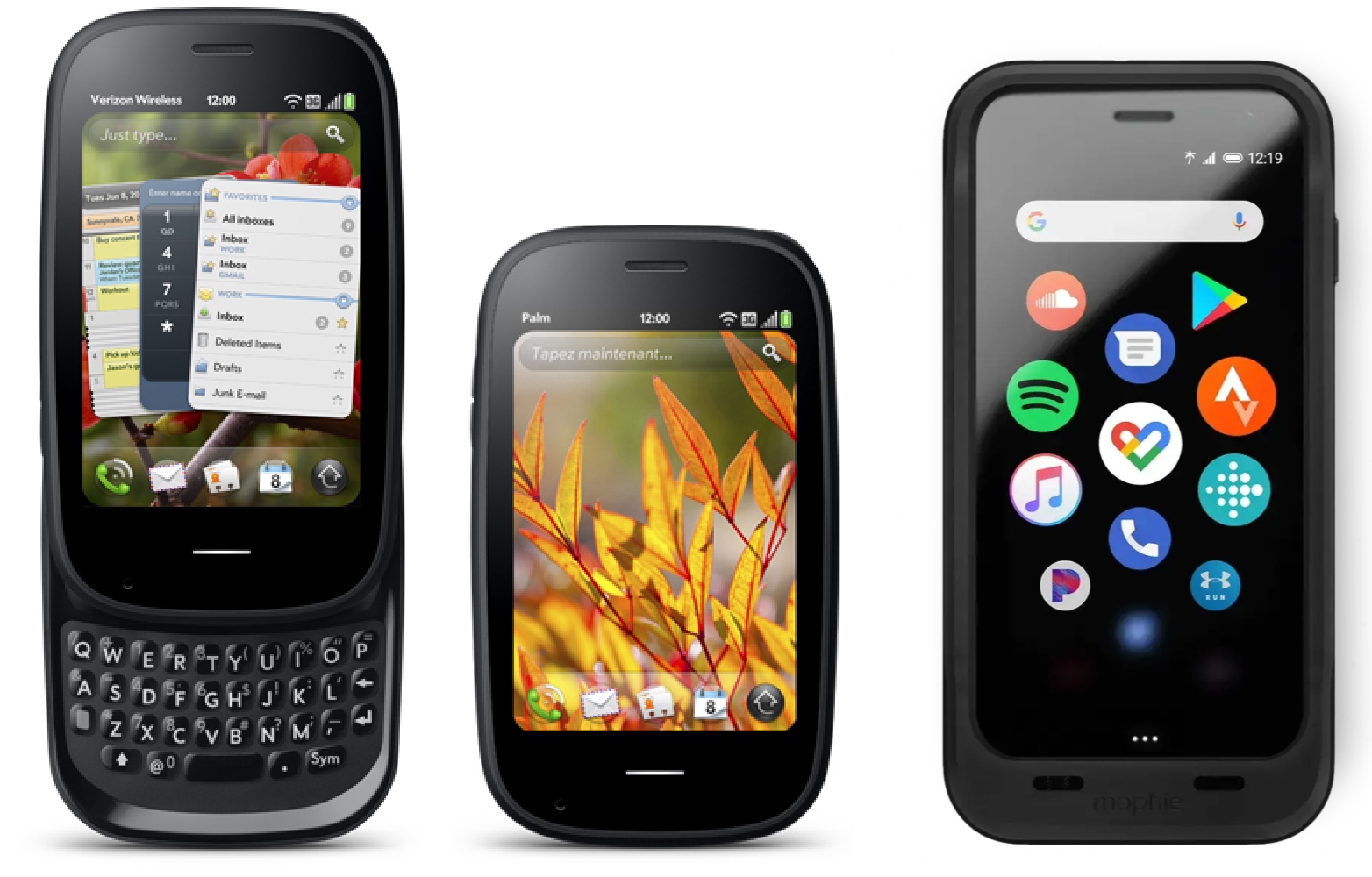 左中：Palm Pre 2 有小横条，右：Palm Phone 有 3 个点