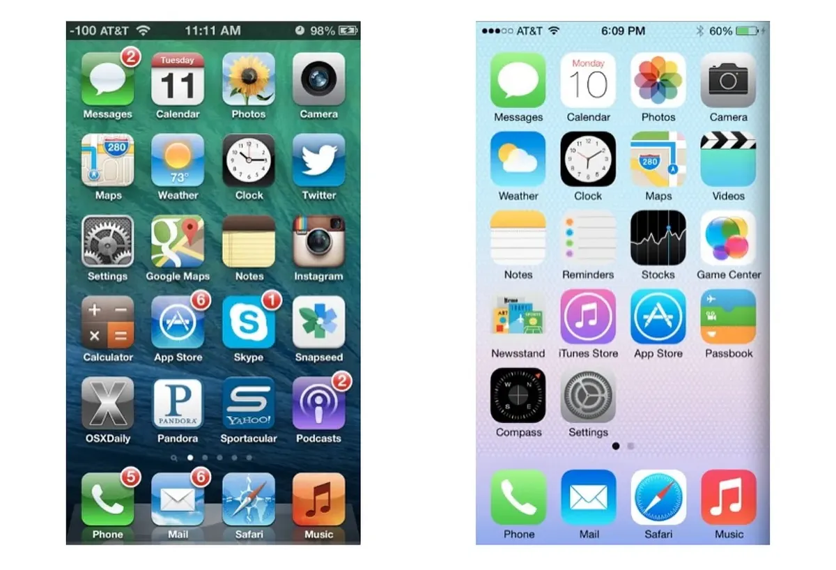 左图iOS6拟物化，右图iOS7扁平化