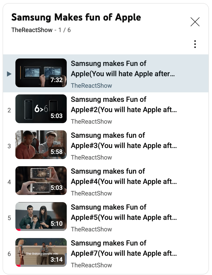 TheReactShow收集的Samsung makes fun of Apple的视频列表，梳理多年来三星在广告营销上的嘲讽合集